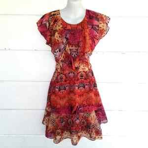 Women's Orange Chiffon Fit & Flare Dress Ruffles Sheer Pockets Size Medium